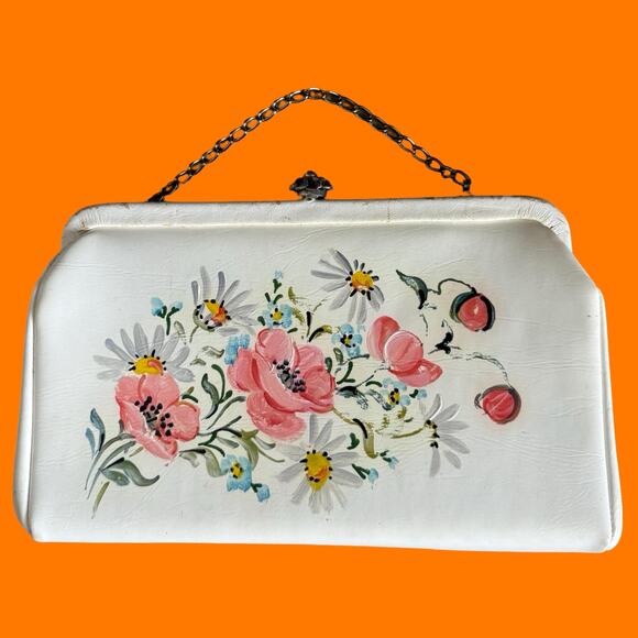 50's 60's vintage white handprinted floral clutch bag *flaws* lily bet - Picture 1 of 9